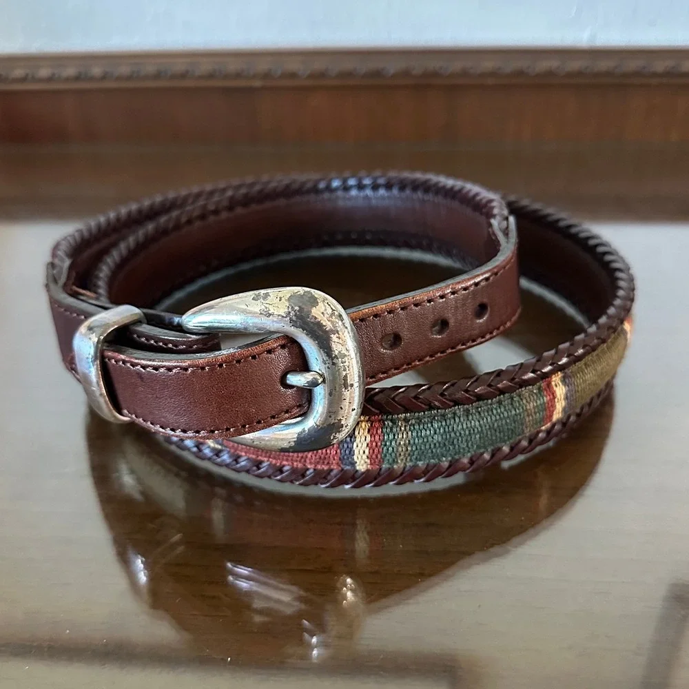 Vtg 90s Brighton Woven Leather Braided Belt Brown Western Striped Size 40 67506